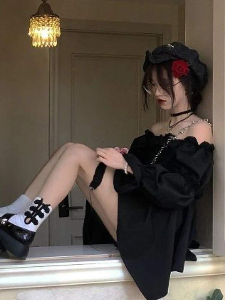 Slash Neck Dresses Women Mini Sweet Irregular Solid Princess Fashion Tender Ulzzang Chic College Girlish Personality Vestidos