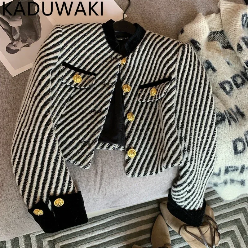 Autumn Winter 2024 New Vintage Stripy Jackets Women Simple Stand Collar Long Sleeve Loose Casual Short Coat French Chic Tops