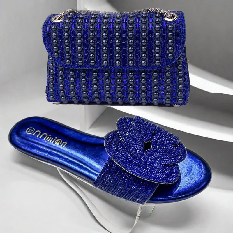 

Women Summer New Blue Bright Diamond Flat Slippers Plus Size Non-slip Beach Shoes with Diamond Pearl Chain Shoulder Bag Set