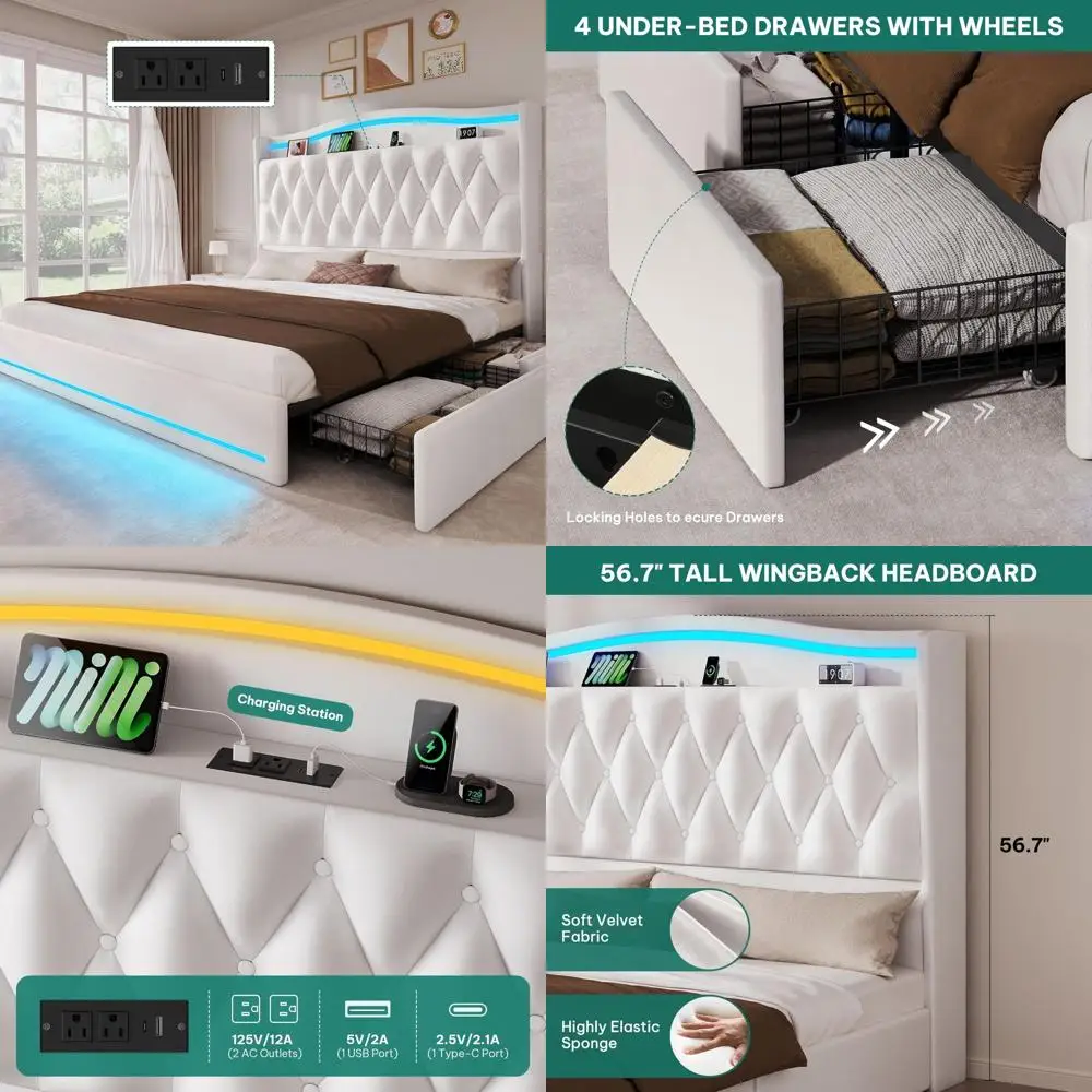 King Size Bed Frame with Storage Drawers, RGB LED Lights, and Velvet Upholstered Headboard with Charging Ports