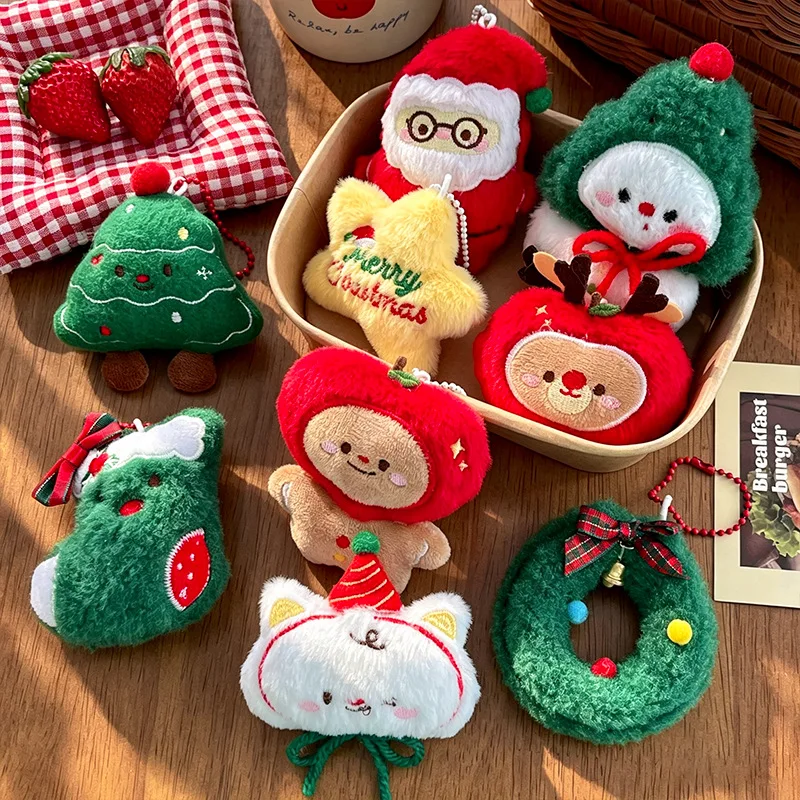 9pcs/Set Chrismas Plush Keychain Santa Claus Snowman Soft Cute Backpack Bag Pendant Chain Charms Keyrings Party Chrismas Gifts