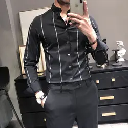 Camisa a rayas de estilo básico para hombre, traje ajustado sin planchado, cuello de POLO, botonadura única, informal, moda coreana