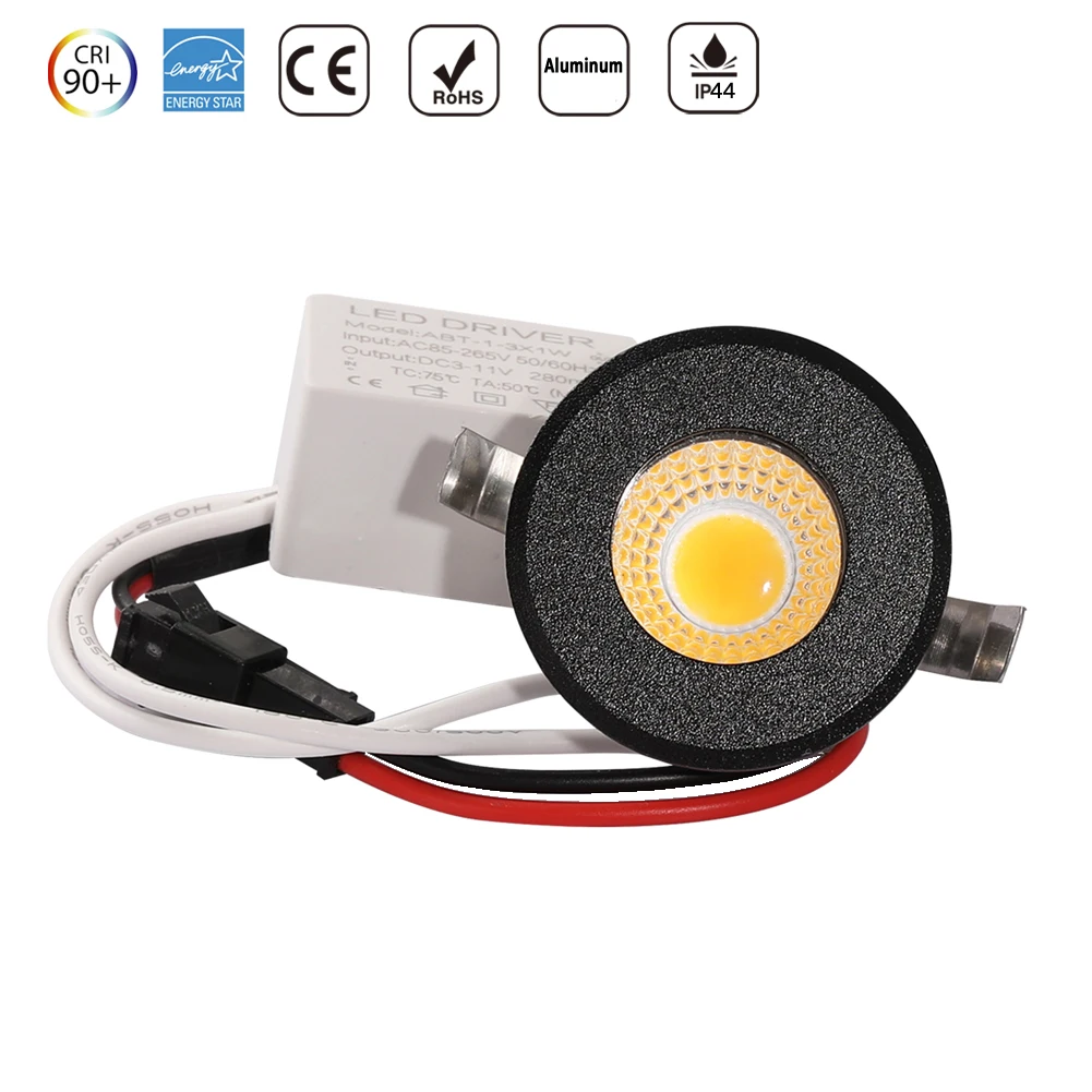 30pcs Small LED Spot Downlights COB 3W 270lm 110V 220V Dimmable Cabinet Light Black White Silver Finish Aluminum Cut Hole 30mm