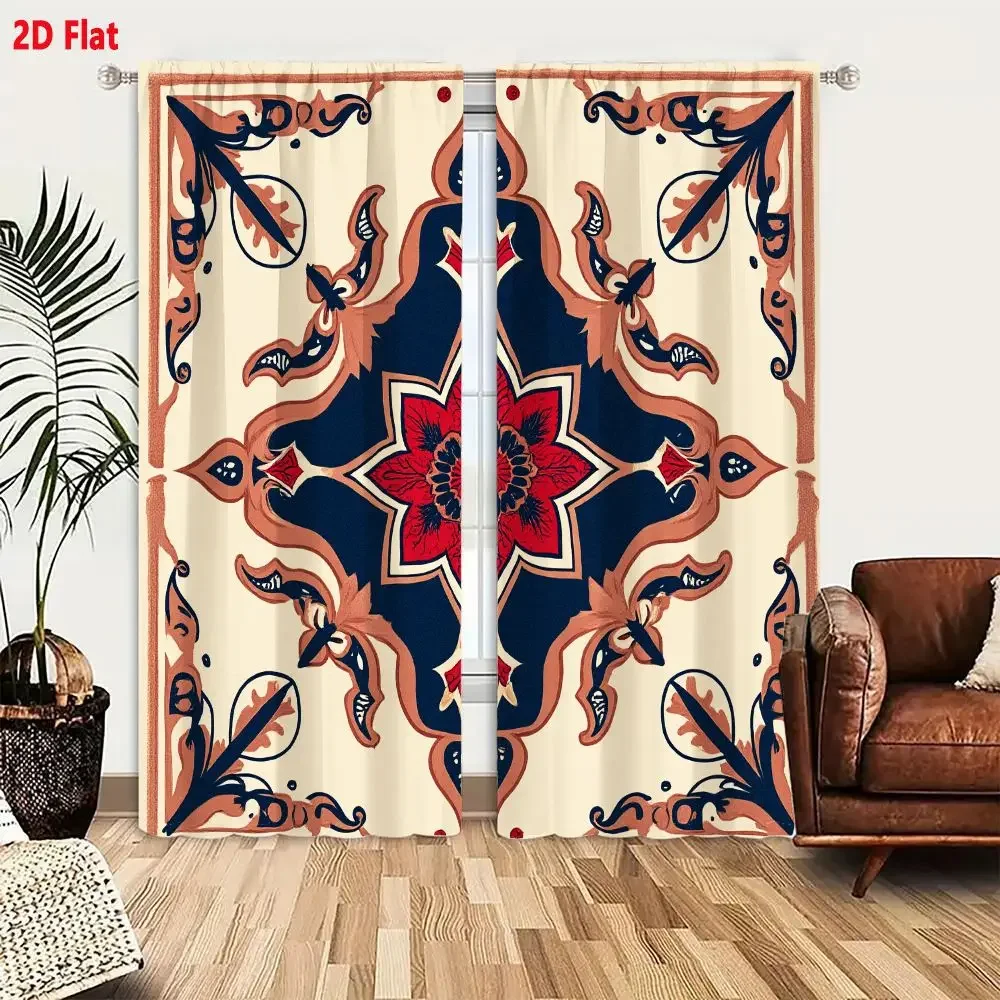 Elegant Gothic Pattern Living Room Curtains Beige and Navy Blue Decorative Window Drapes for Home Decor
