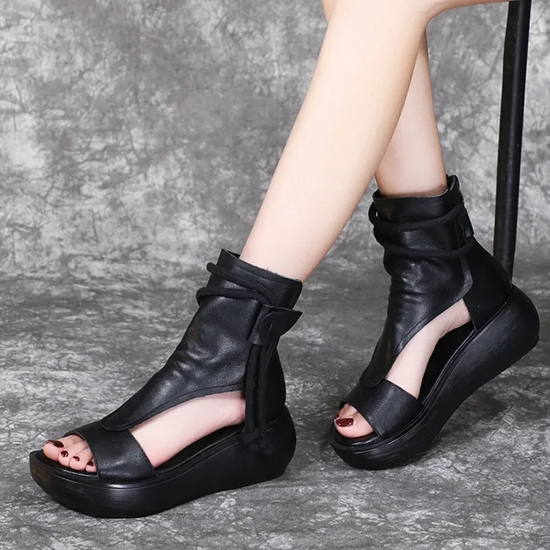 2024 New Height Wedge Sandals Soft Leather Thick Bottom Fish Mouth Sandals Roman Shoes Women\'s Summer Casual Fashion