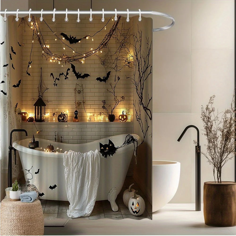 1pc Halloween Clawfoot Tub Shower Curtain - Vintage Style with Black Cats, Bats, Pumpkins & String Lights, Cozy Festive Bathroom