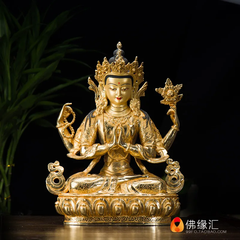 Bodhisattva , 10-inch, Domestic Copper, Fully Gilded, Four-Armed Guanyin Statue