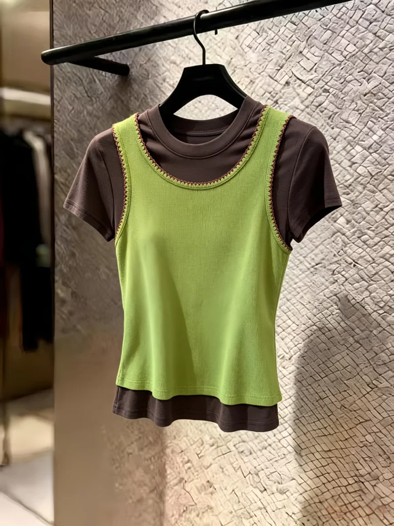 

Color Block Short Sleeve Vest Top Women's Summer New Design Versatile Korean Style Straight Cut Silk Blend Casual Wear
