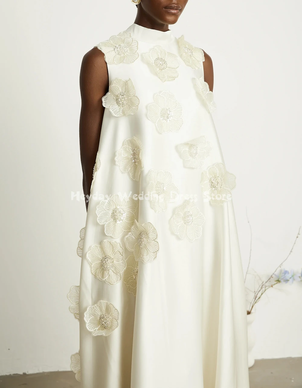 Heyday personalizado feminino alta pescoço 3d flores uma linha vestidos de noite com mangas chá-comprimento vestidos de festa elegantes 2025