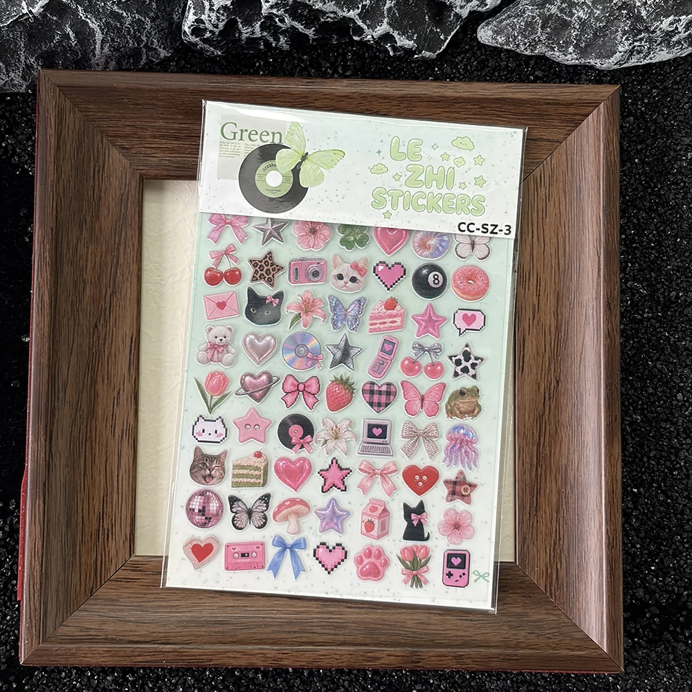 LEZHI Y2K Retro Sticker Sheet Puffy Embossed Butterfly Pixel Heart Decals For Journaling Scrapbooking Diary Decoration Gift