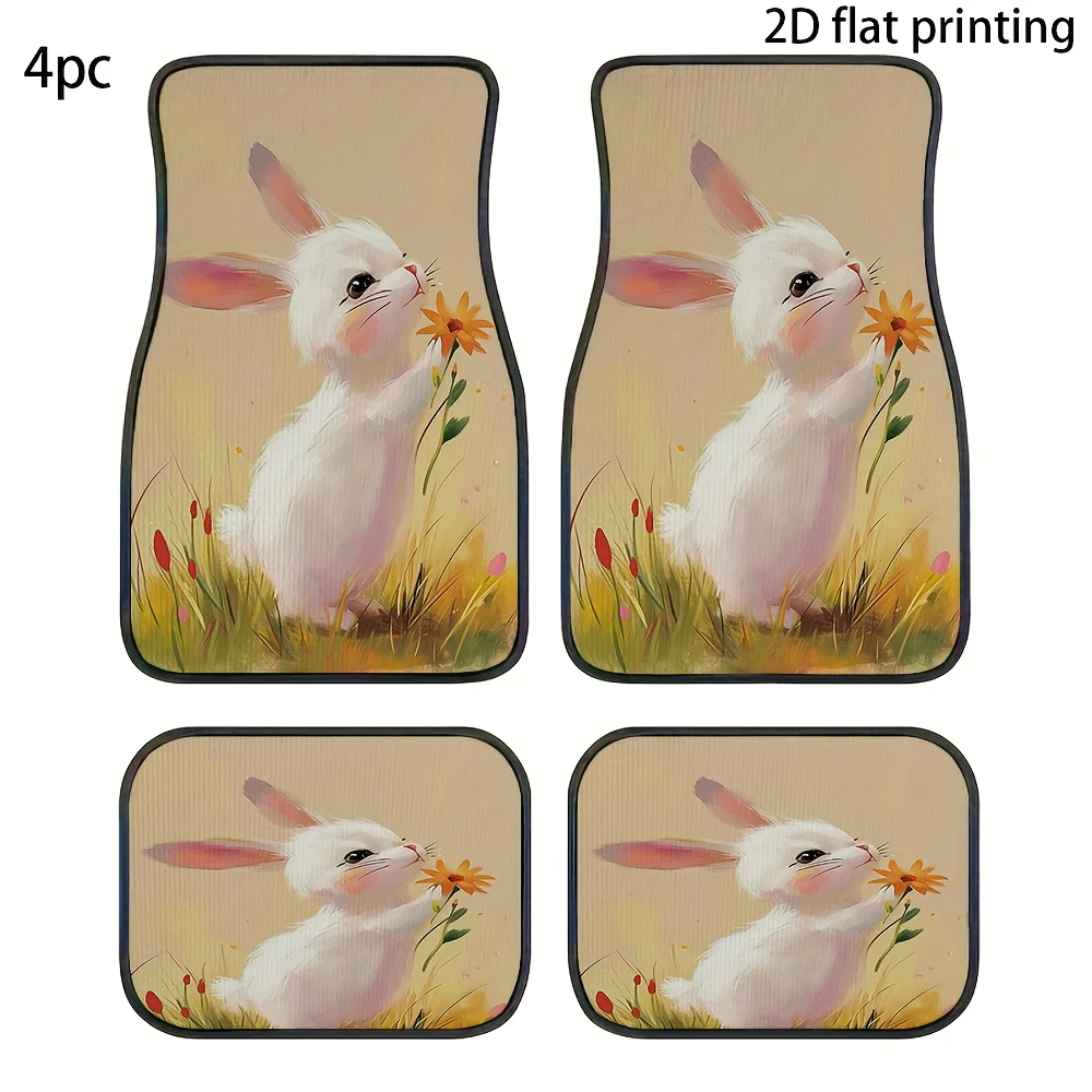 4pcs Car Floor Mats, Easter Bunny Floral Pattern, Universal Car Mats, Made Of Polyester Fiber, Automotive Interior Additions, Ea