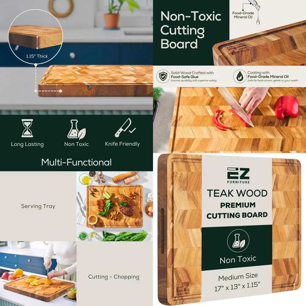 

Двусторонняя разделочная доска из тикового дерева с желобком для сока и ручками, 17 x 13, нетоксичная, узор «ёлочка»