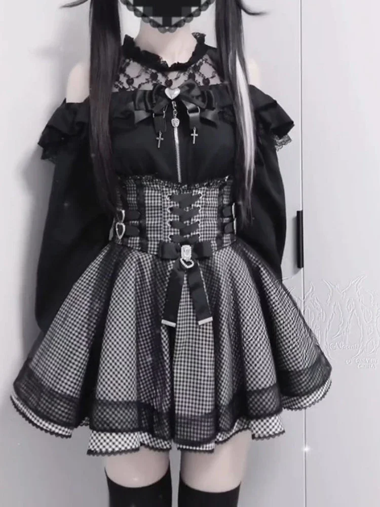 Süße elegante Kawaii schlanke schulterfreie Anzug Damen japanische schöne Spitze neue schwarze kurze Rock Anzug Mode Vintage Lolita Set