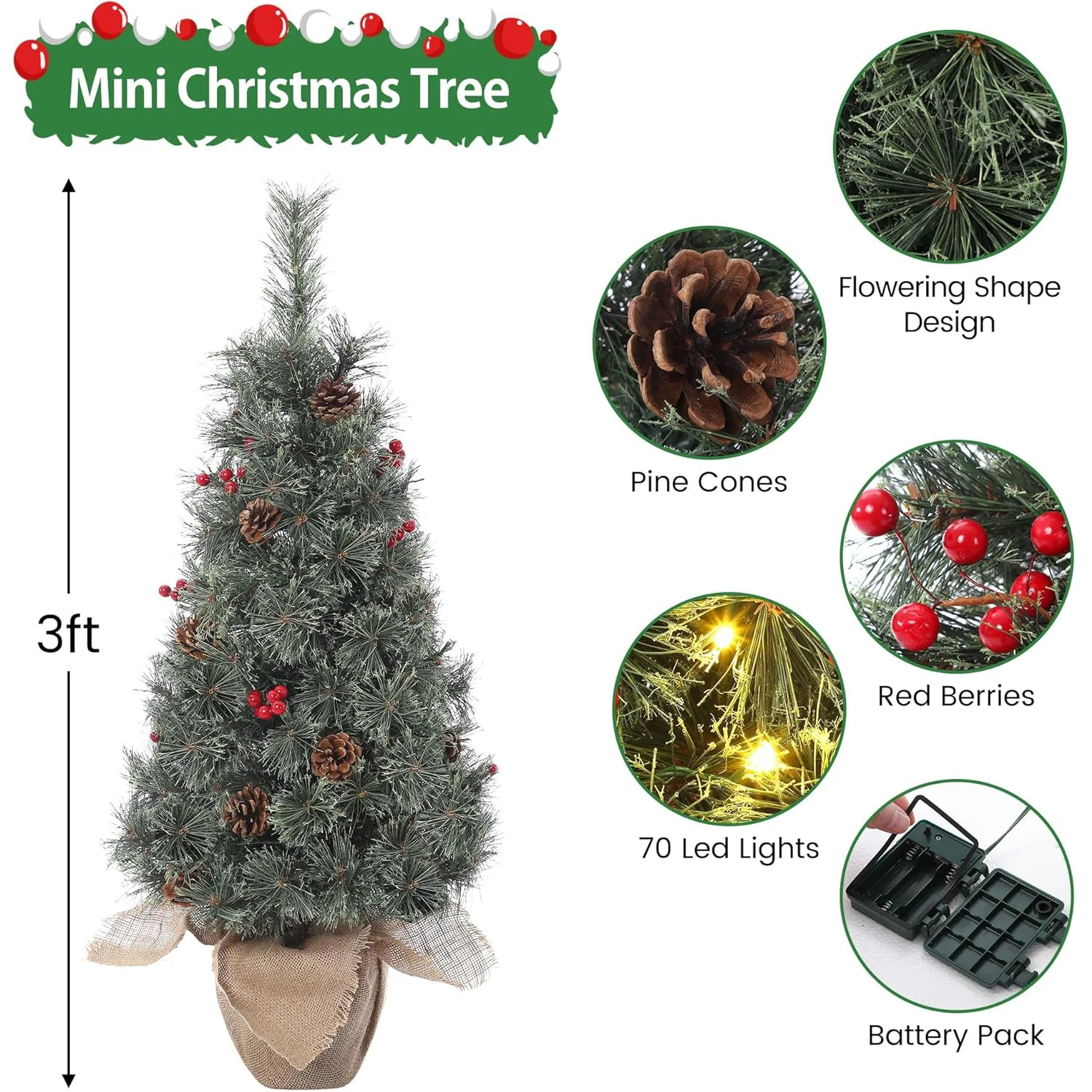 3 Ft Pre-Lit Artificial Small Christmas Tree with 70 Warm White Lights,Tabletop Mini Christmas Tree with a Burlap Base