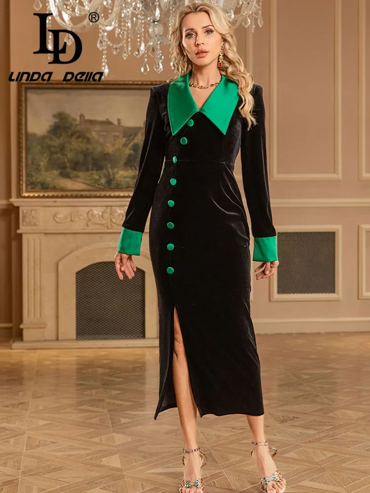 

Новое женское платье LD LINDA DELLA 2025 Весна/Лето: Элегантное бархатное платье с цветовыми блоками, приталенное, с сексуальным разрезом спереди, длинное