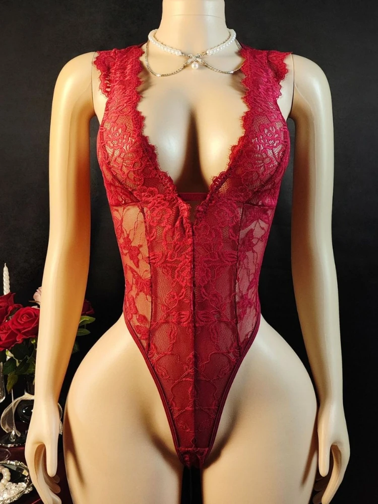 

SsTss Sexy Red Sheer Lace See-through Bodysuit for Women Deep V Neck Sleeveless Backless Floral Embroidery Slim Teddy Lingerie
