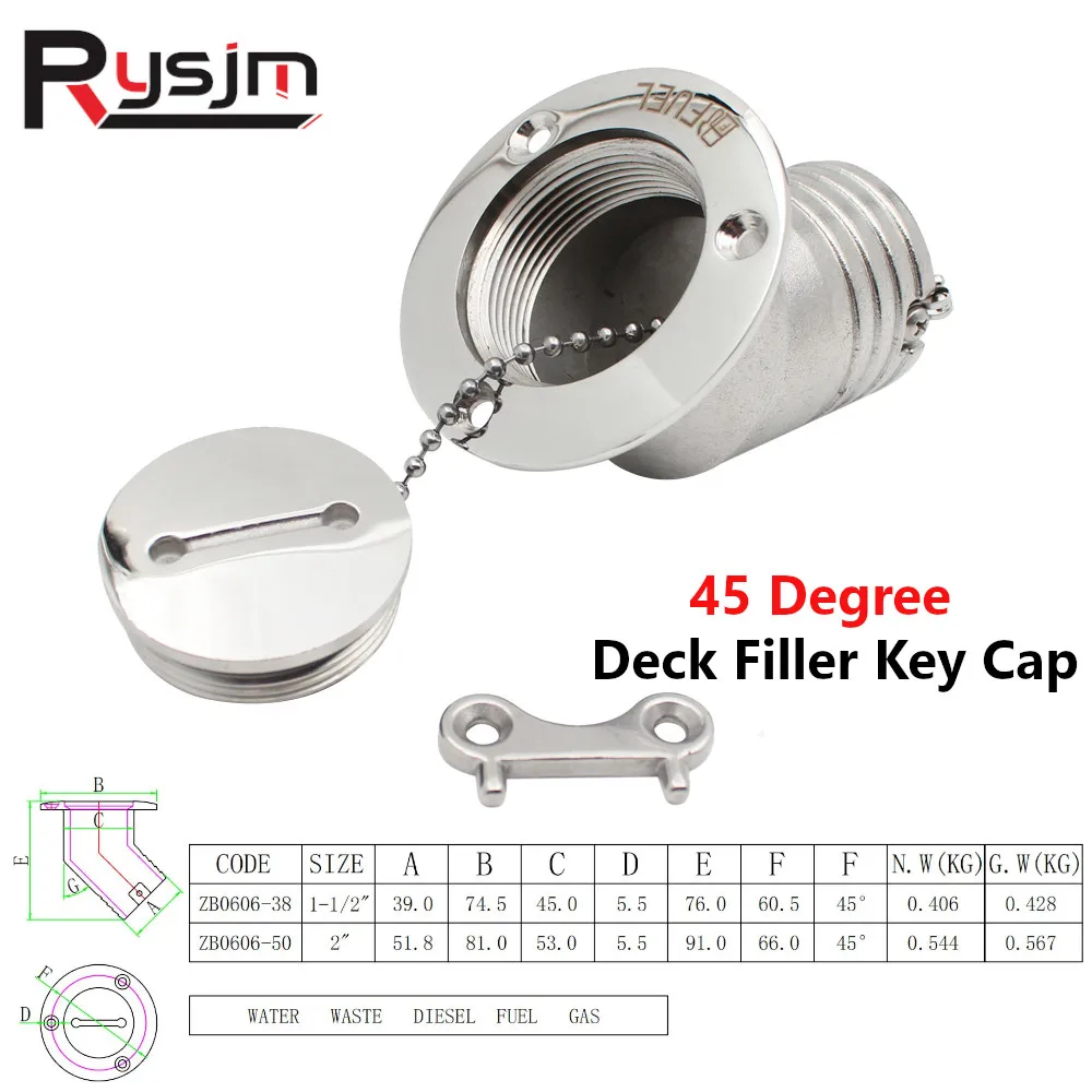 45 Degree Stainless Steel 316 Deck Filler Cap 38mm 50mm FUEL WATER WASTE GAS DIESEL Deck Filler Caps With Keys Marine Hardware