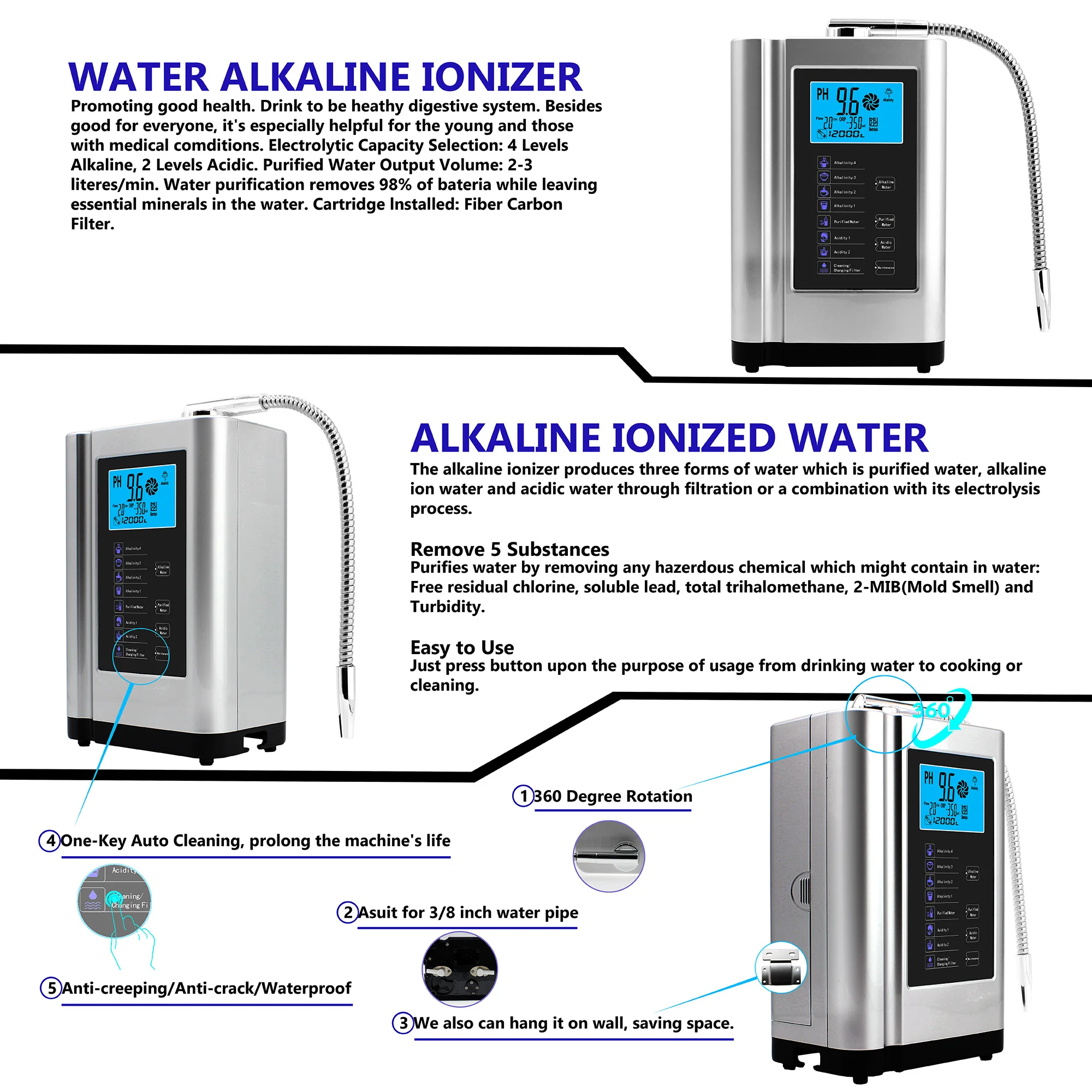 7 piastre di acqua alcalina ionizzatore macchina generatore di idrogeno sistema di filtraggio dell\'acqua domestico depuratore per PH3.5-10.5 acqua