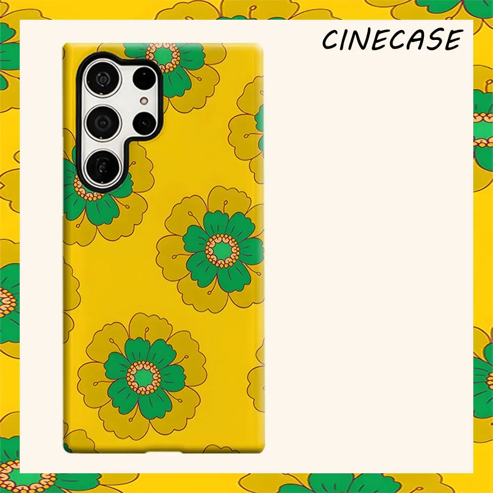 Retro Yellow Green Floral For Samsung Galaxy S26 S25 S24 A56 A36 Dual Layer Luxury Fashion Full Lens Protective Case