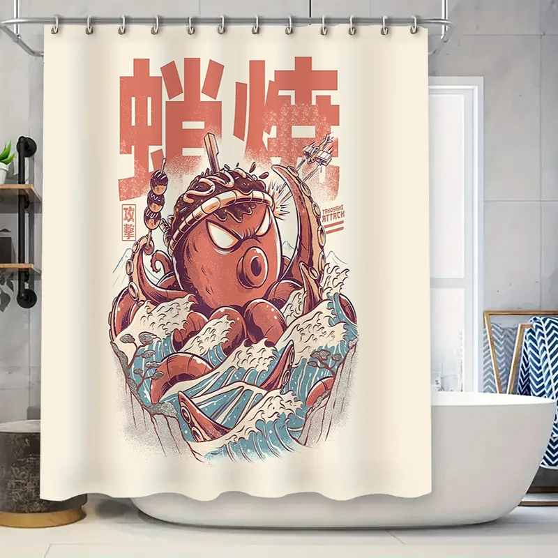Japanese Octopus Shower Curtain Washoku Ramen Seafood Decor Bathroom Art Washoku Shower Liner Japanese Style Home Decor Japandi