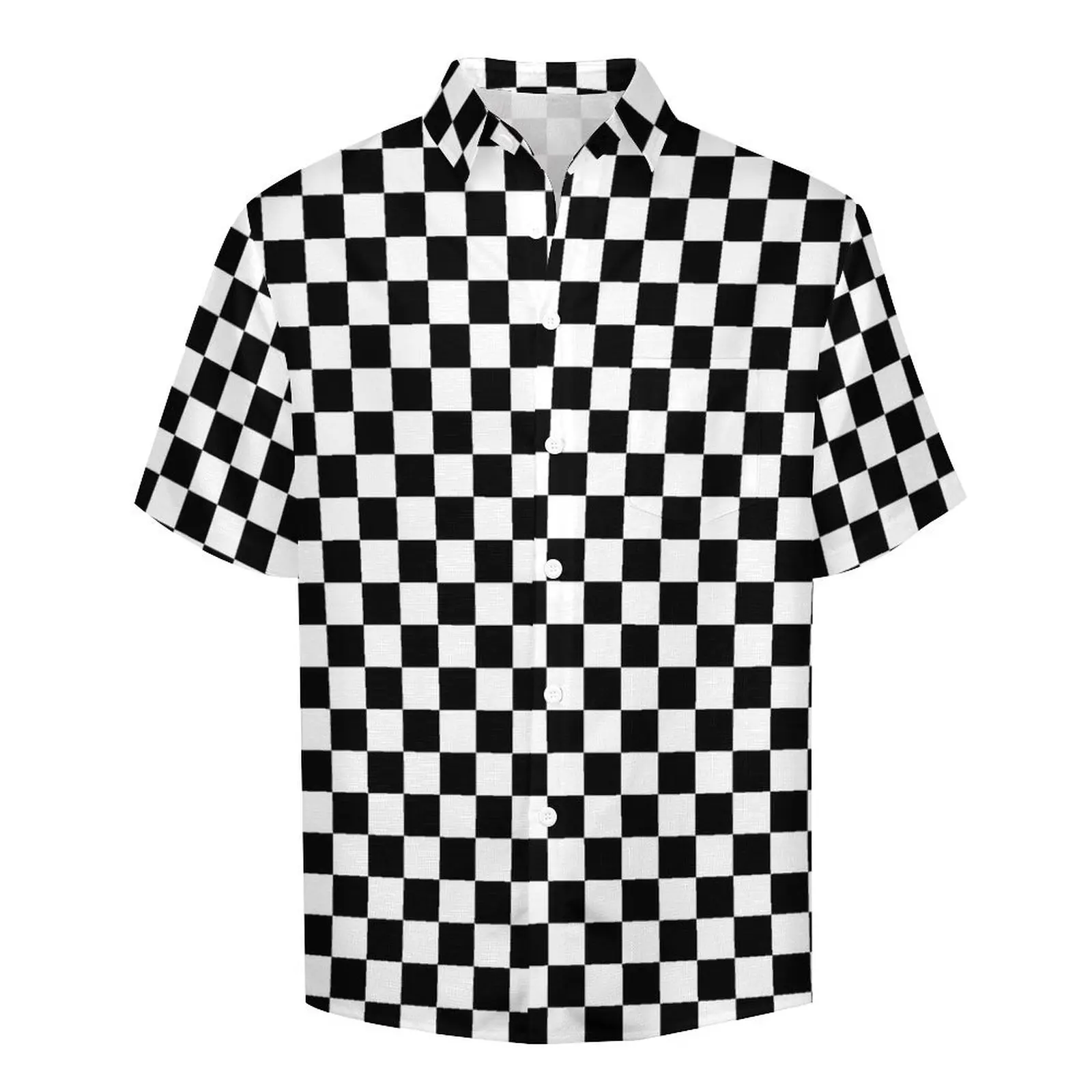 Black And White Check Print Casual Shirts Checkerboard Style Vacation Shirt Summer Street Style Blouses Male Print Large Size