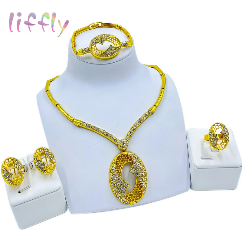 

Liffly New Fashion Jewelry Sets Round Necklace Pendant Women Party Bracelet Earrings Ring Jewelry Wedding Accessories