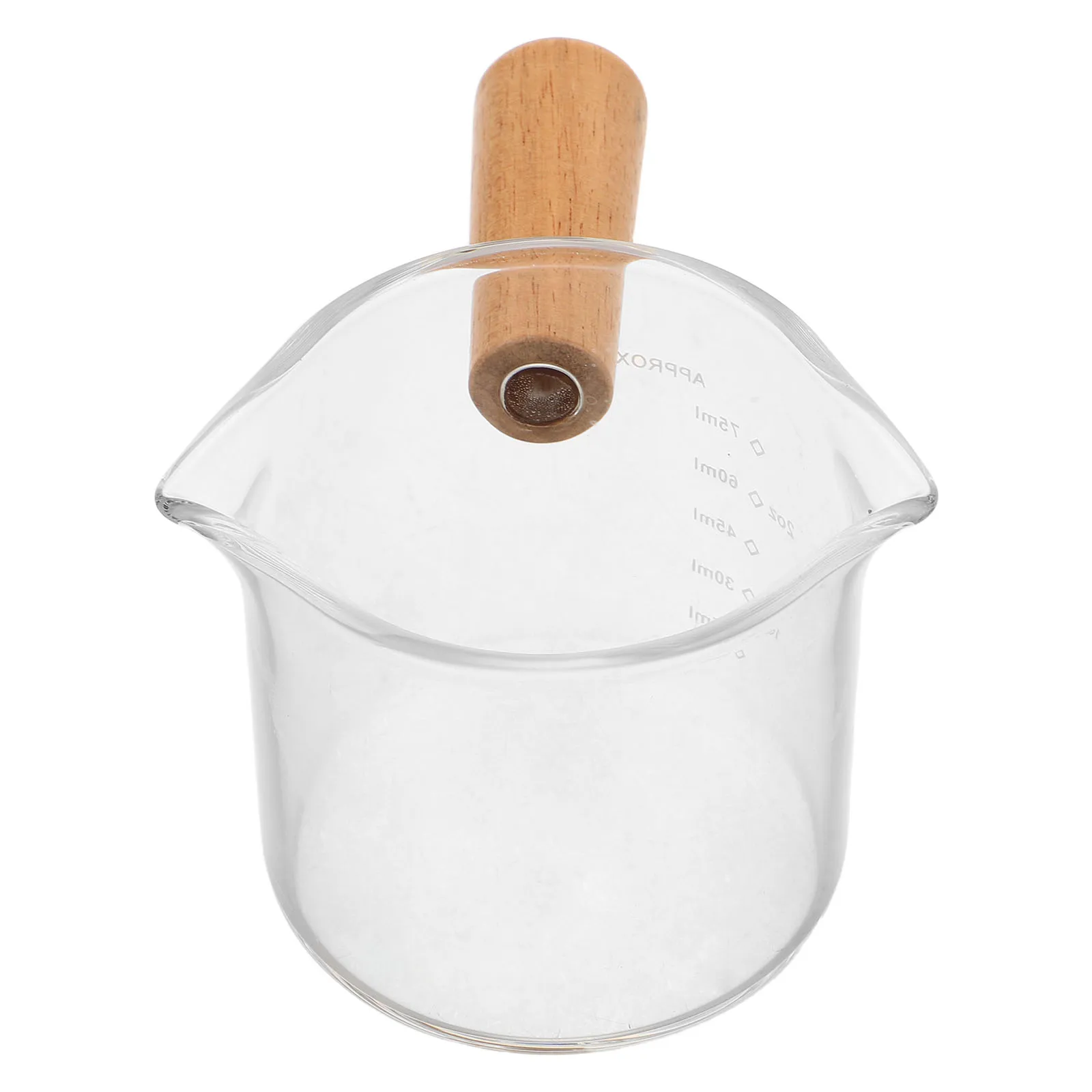 

Double Spout Espresso Cup Wooden Handle Coffee Measuring Glass Transparent Pitcher Creamer Jug for Home Use Glass Coffee