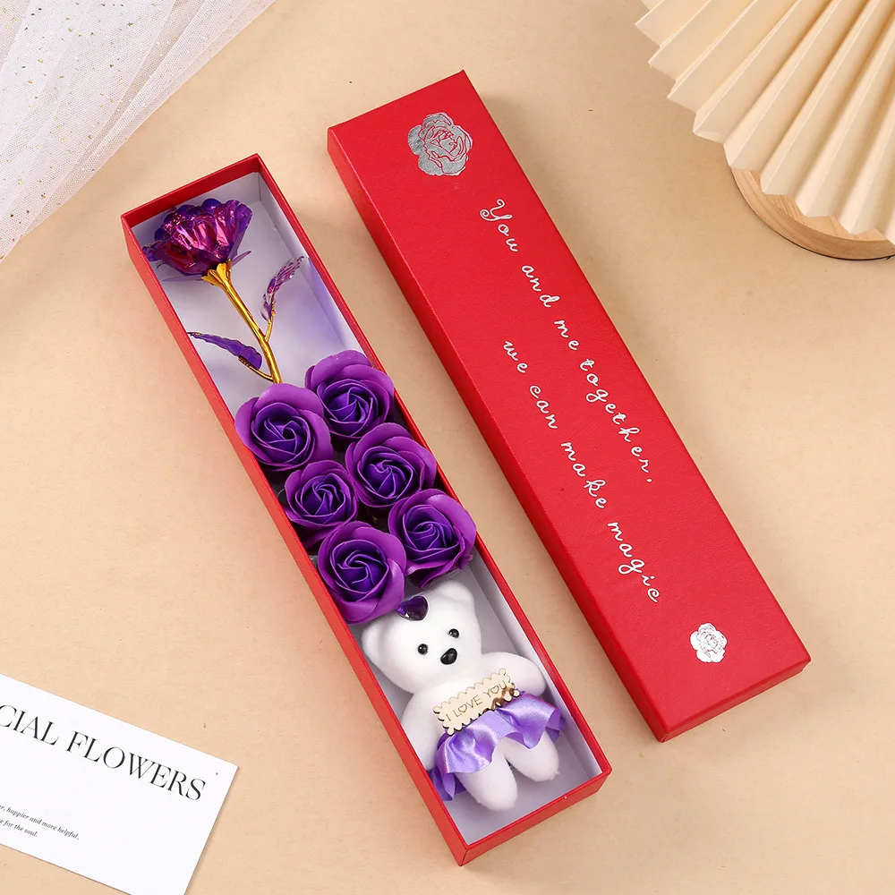6Heads Flowers Soap Flower Gift Rose Box Valentines Day Gift Bears Bouquet Wedding Decoration Gift Festival Heart-shaped Box