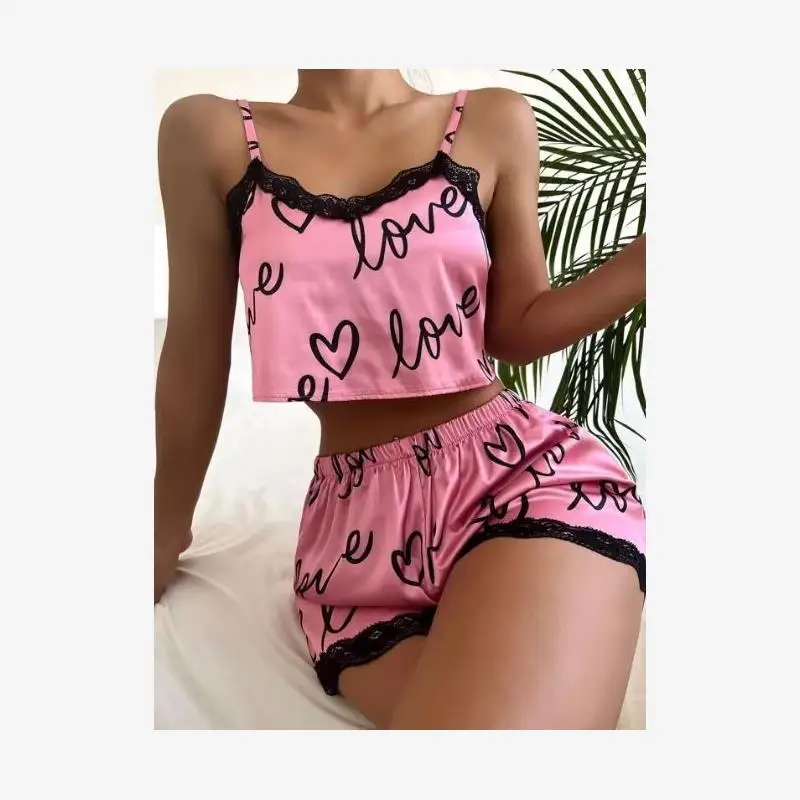 

Women's Lace Patchwork Pajamas Home Clothing Set with Suspender round Neck Sleeveless Spring Autumn Home Comfortable Sleepwear