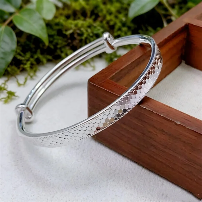 999 Sterling Silver Adjustable Slide Bangle for Women, Dragon Scale Texture Luxury Silver Bracelet Gift