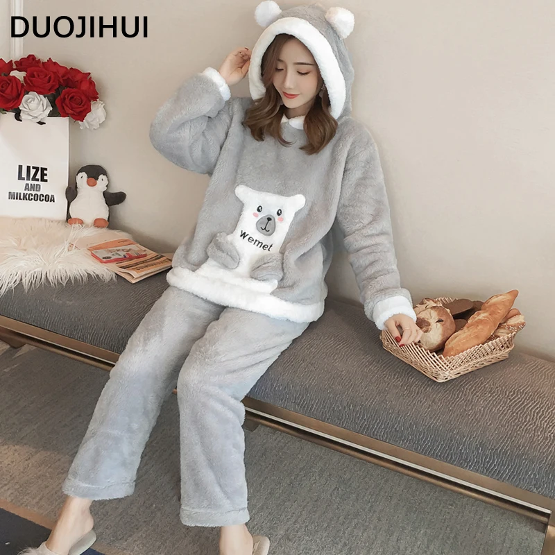 DUOJIHUI-Ensemble de pyjama imprimé lettre Chicly pour femme, pull à capuche, pantalon simple basique, mignon, mode hiver