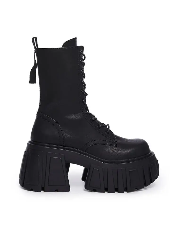 Damen Halbschaft Plateau Stiefel Mittelhoher Blockabsatz Chunky Schnürstiefel mit Seitlichem Reißverschluss Biker Punk Gothic Boots 2026 – Detail 3