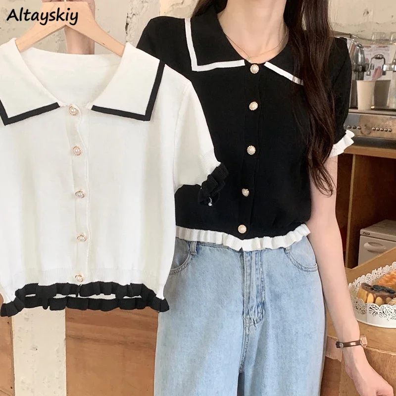 Shirts Woman Patchwork Elegant Retro Office Lady All-match Button Fashion Korean Butterfly-sleeve Simple Daily Ins Casual Summer