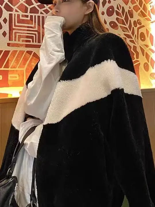 معطف نسائي من Thiened Fce كبير الحجم مصنوع من صوف الحمل كاجوال Sle Street Faion ملابس خارجية شتوية من ألياف البوليستر