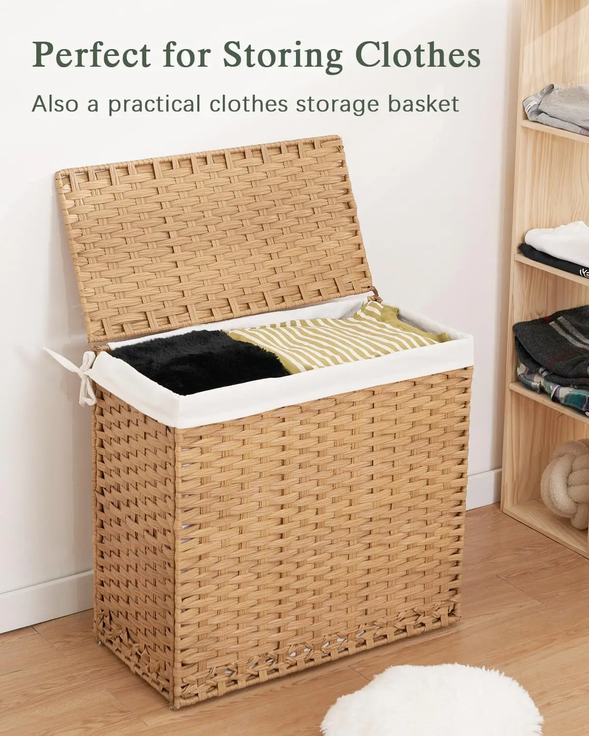 132L Wicker Laundry Hamper with Lid, Handles & Removable Liner Bags, Natural Rattan Basket for Bedroom