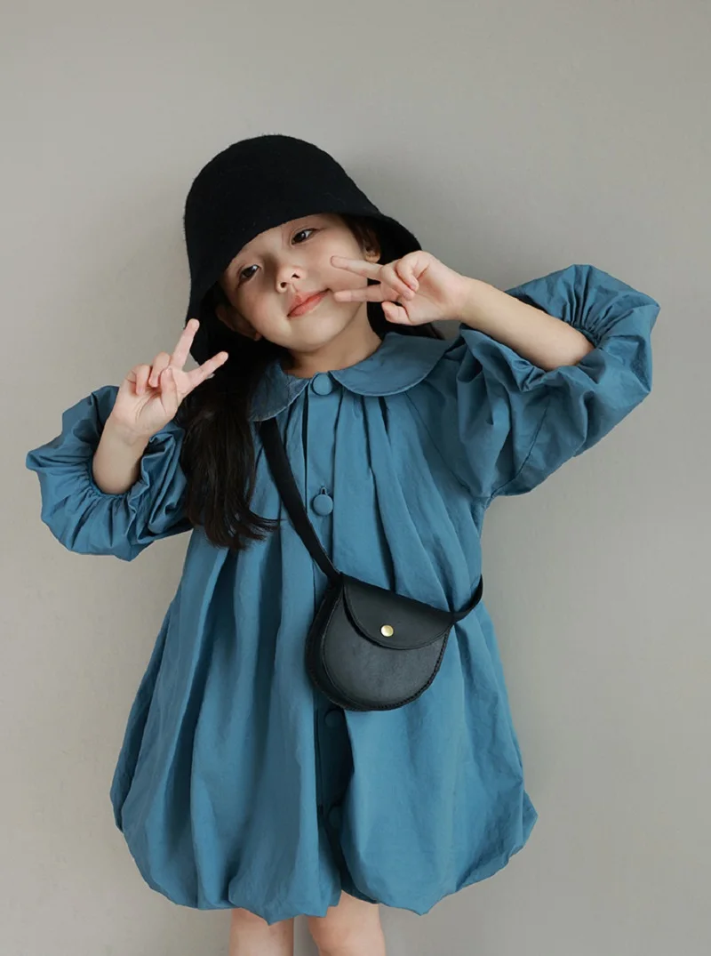 

Летнее повседневное хлопковое свободное однотонное синее однобортное платье с пышными рукавами для маленьких девочек, милая детская одежда, одежда для детей от 2 до 8 лет