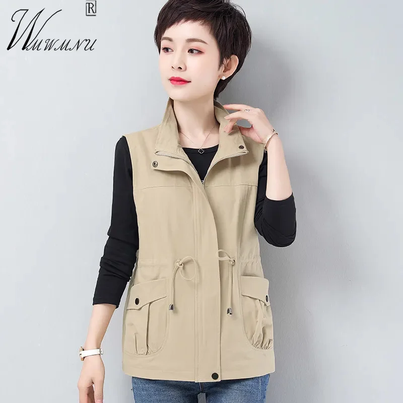 

Casual Drawstring Cargo Vest Women 2023 Spring Summr Sleeveless Jacket Fashion Zipper Short Chalecos Thin Oversize 4XL Waistcoat