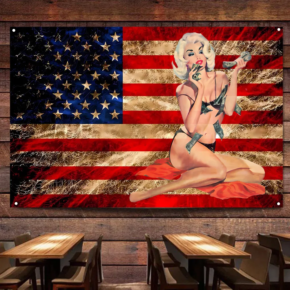 Creative Pin Up Girl Tapestry For Room Office Bar Man Cave Garage, Shabby Chic Vintage Wall Art Poster US Flag Wall Decor Banner