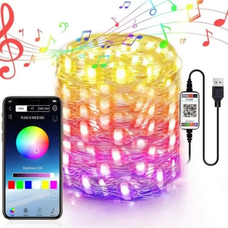 Smart Holiday LED String Lights Waterproof Silver Wire Fairy RGB Colorful BT APP control Christmas Tree Decoration Lights