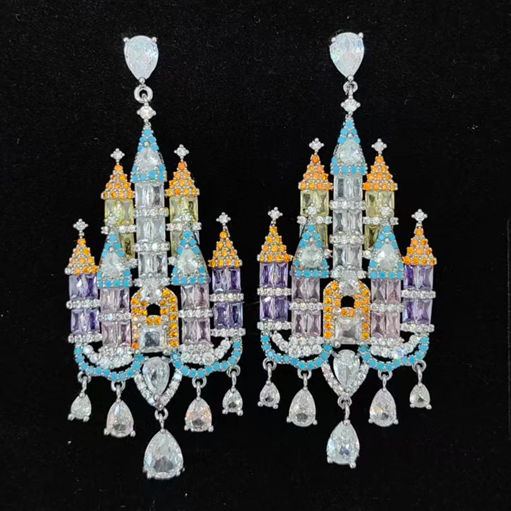 Fantasy Castle Large Long Earrings Pink Blue Purple Cubic Zirconia Dangle Earrings for Women Statement Wedding Banquet Jewelry