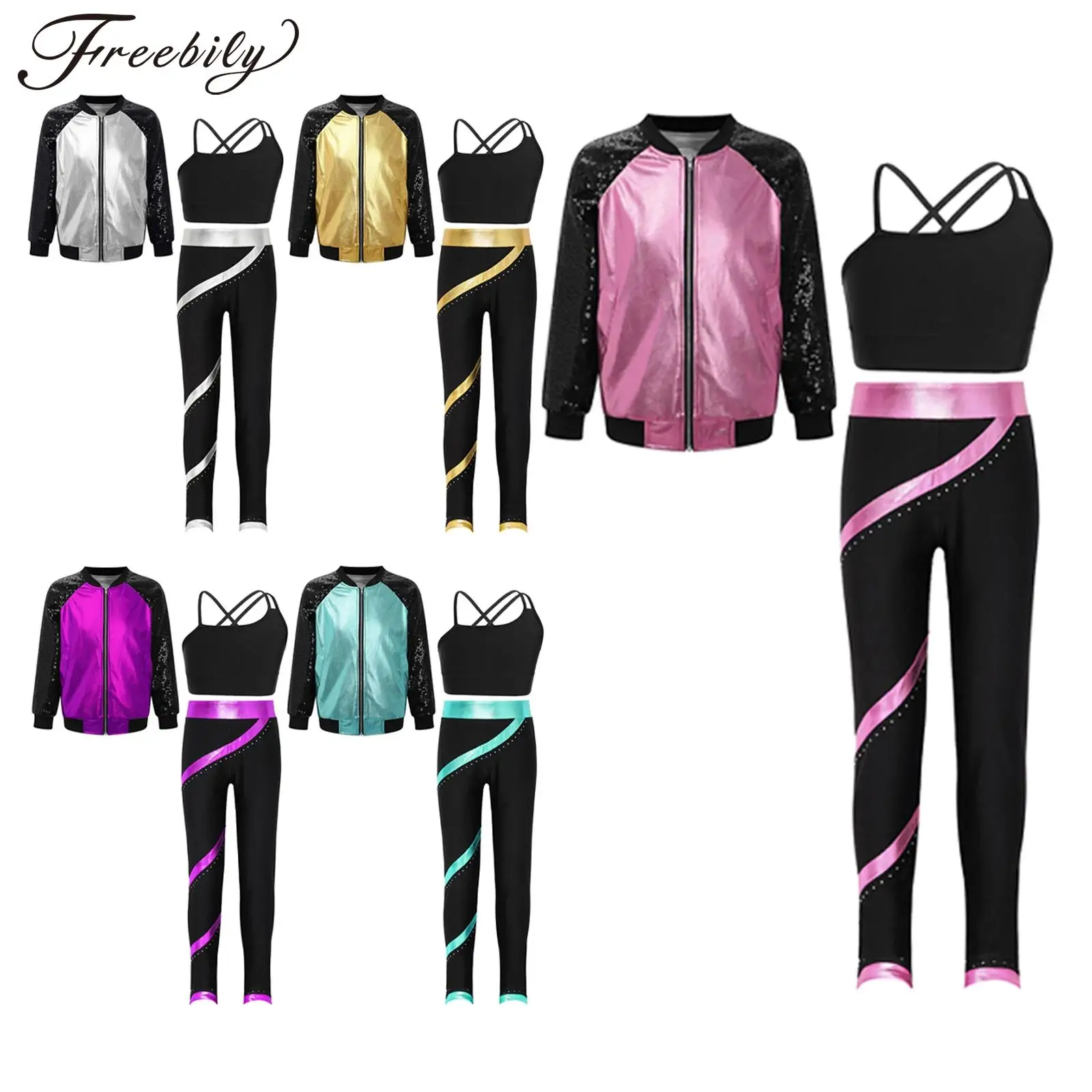 

Children Jazz Dance Clothes Sets Vest with Metallic Long Sleeve Zipper Jacket Pants Kids Girls Sports Suits Fashion Hiphop Wear