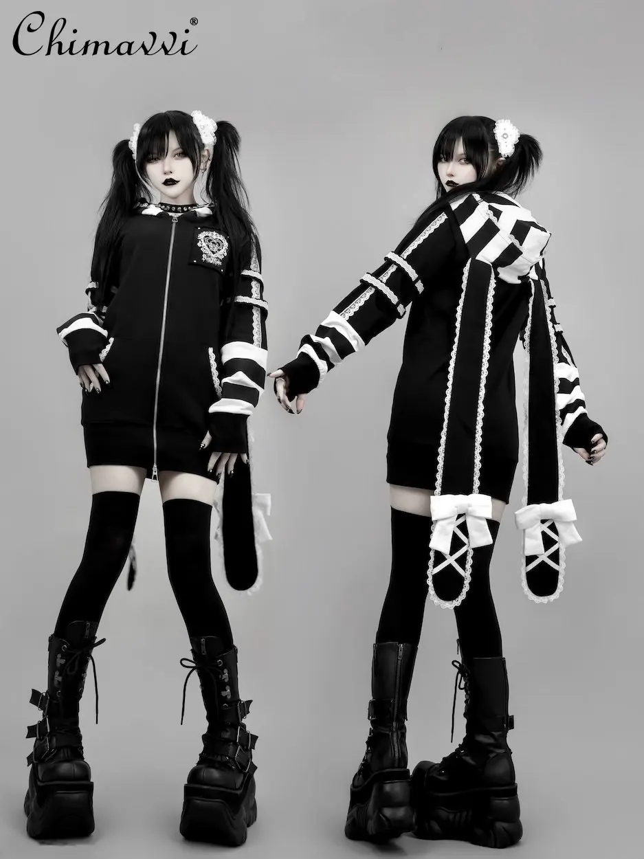 

Japanese Gothic Style Long-eared Bowknot Hooded Zip-up Long Sleeve Sweatshirt 2026 New Punk Cool Girl Lace Patchwork Coat