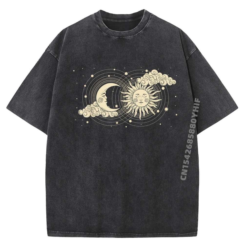 

Vintage Celestial Sun And Moon Tops & Tees Hip Hop Round Neck Graphic Comfortable Woman T-shirt Man Printed Washed T-Shirts