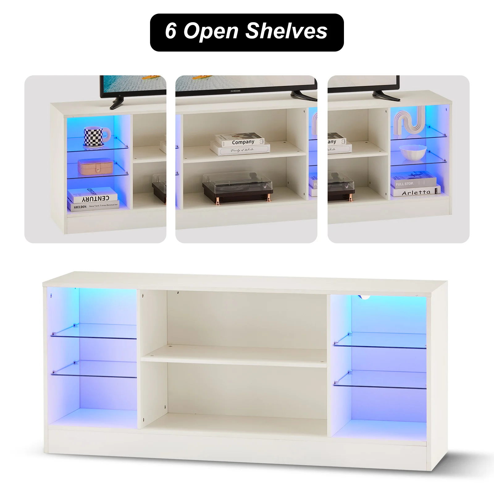 Mueble para TV con iluminación LED, 8 compartimentos de almacenamiento, hasta 55 pulgadas