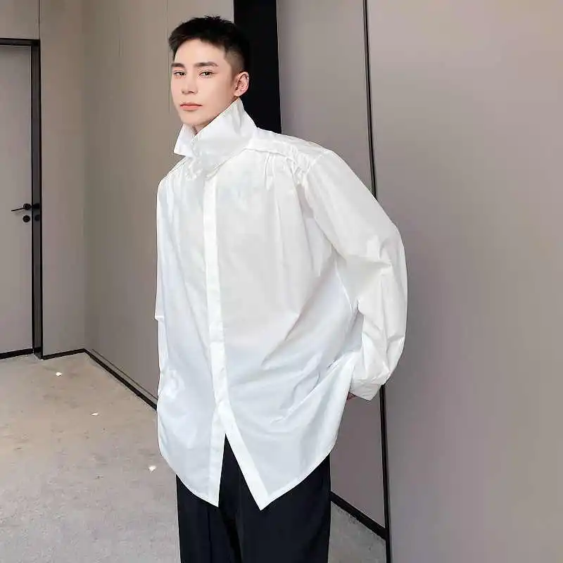 Autumn Minimalist Stand up Collar Long Sleeve Shirt for Men's Clothing Solid Color White Tops Shoulder Pleated High Neck Shirt