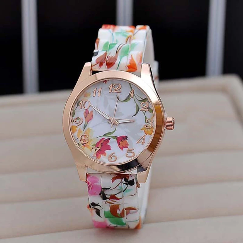 WristWatches Silicone Girl Flower Causal Watch Quartz Printed Women OR Women's Leather Watch Straps Light Up Watches for Women