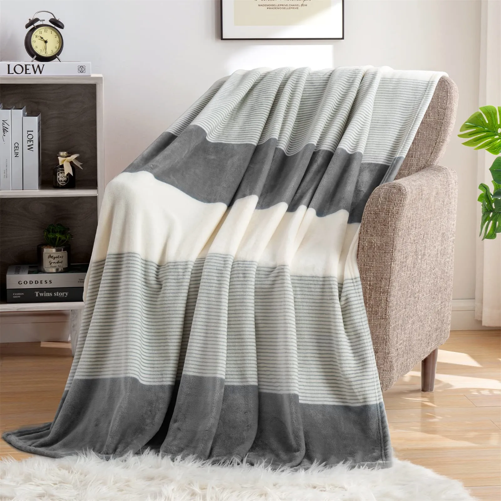 

HX Striped Flannel Blankets Dark Gray Cream Stripe Printed Throw Blanket For Bed Sofa Thin Cozy Travel Portable Quilts