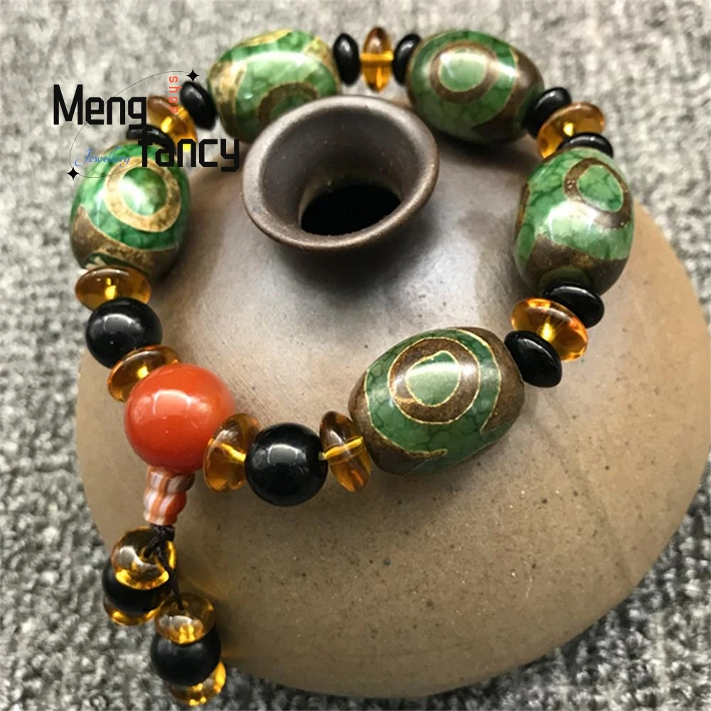 Pulsera Dzi de ágata de tres ojos para hombre y mujer, joyería fina de Jade Natural, amuleto de lujo a la moda, mascarillas de recuerdo, regalos de vacaciones