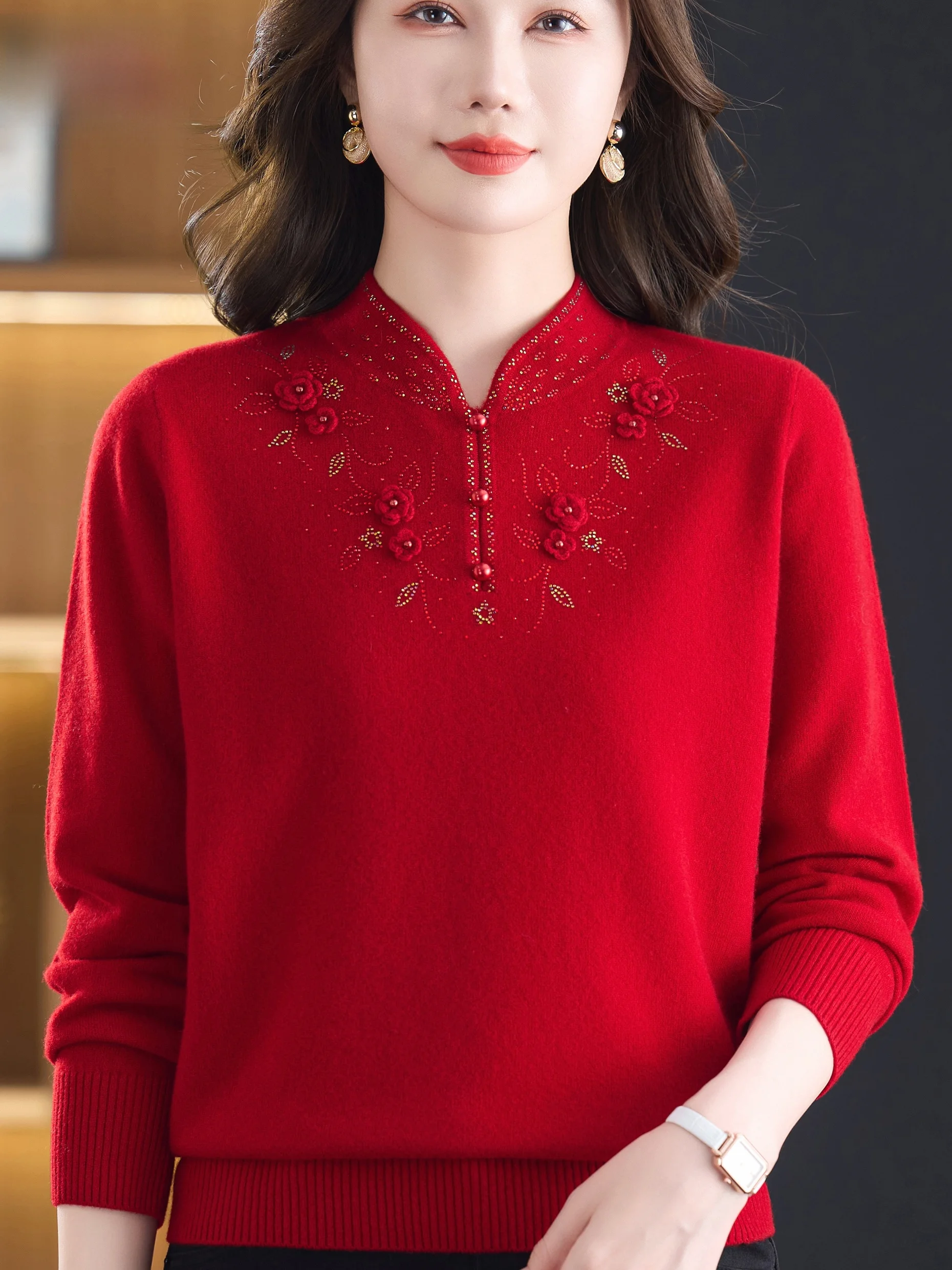 

Свитер из чистой шерсти с вышивкой, воротник в стиле китайского традиционного кимоно (ципао), базовая модель для женщин среднего возраста, Luy Year irt