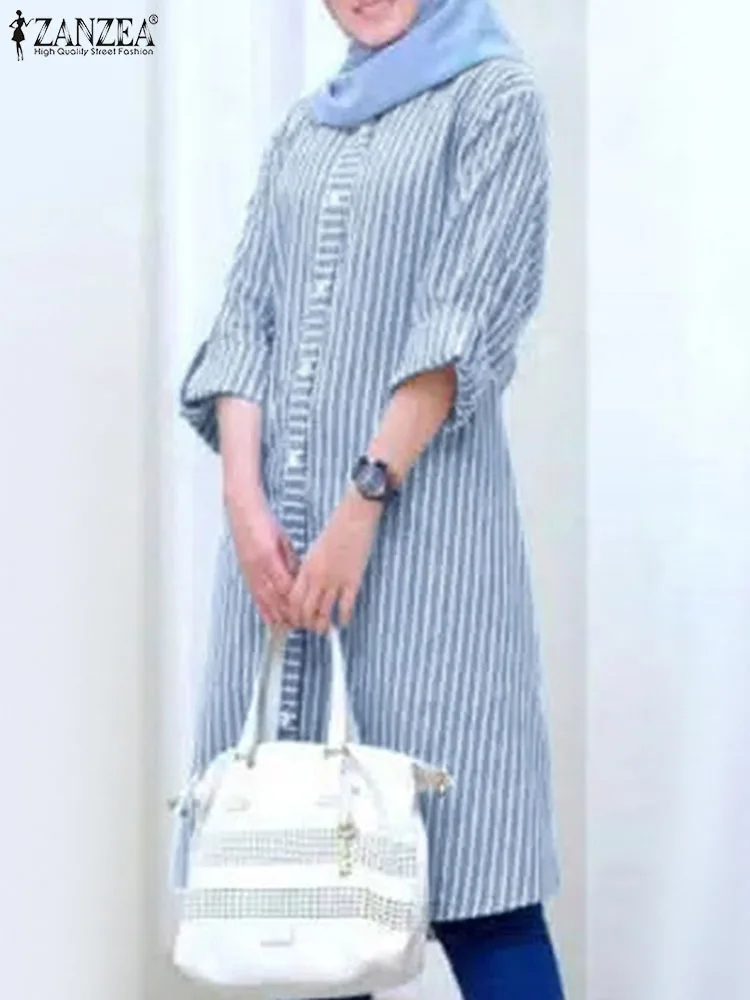 

Spring Muslim Dubai Shirt 2024 ZANZEA Fashion Striped Blouse Casual Women Long Sleeve Buttons Down Turkey Blusas Loose Long Tops